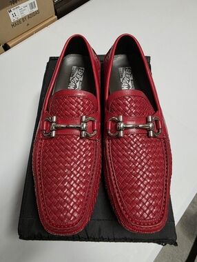 Salvatore Ferragamo Red Woven Leather Loafers Square Toe Slip On Bit Men's 11